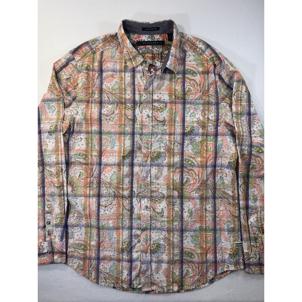 Sean John Tailored Fit Mens Button Down Shirt 2XL Floral Paisley Long Sleeve EUC